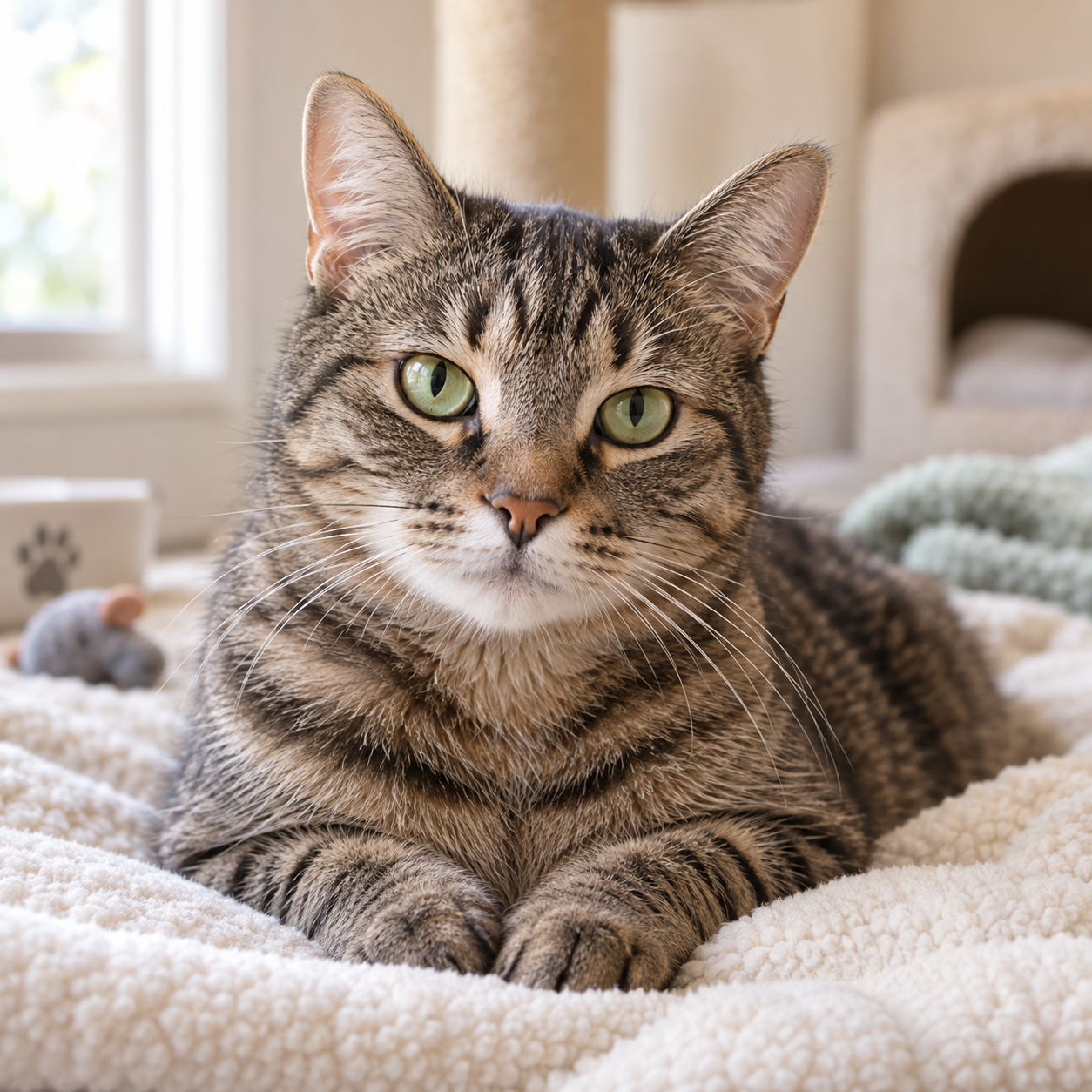 Tabby cat resting comfortably