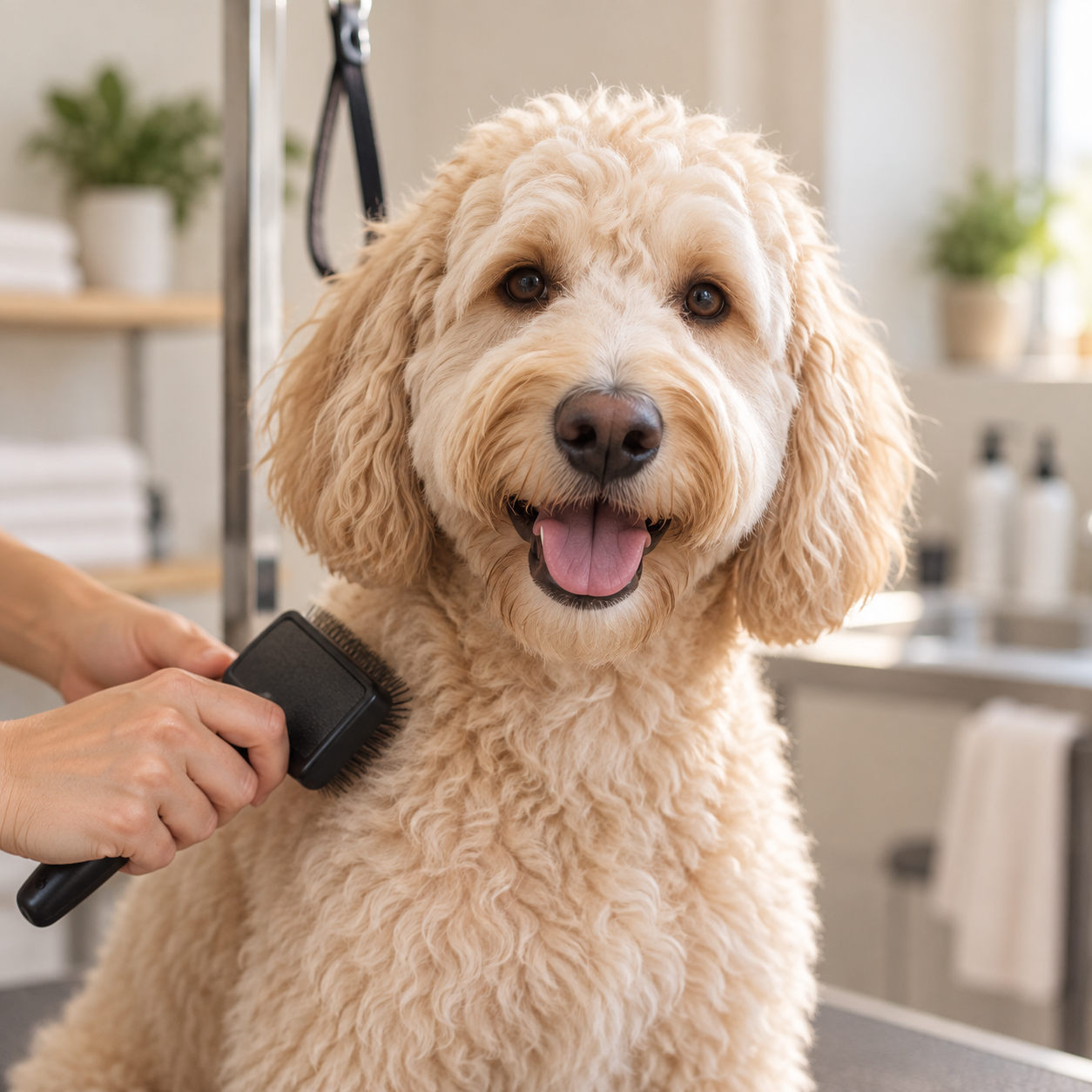 A cream-colored dog being gently brushed